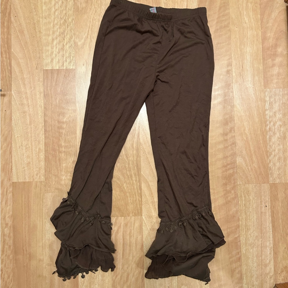 Brown Ruffled Hem Pants